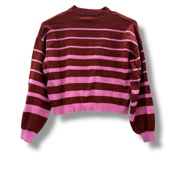 Vero Moda Burgundy & Pink Striped Crewneck Long Sleeve Cropped Sweater Sz XS - Picture 2 of 9